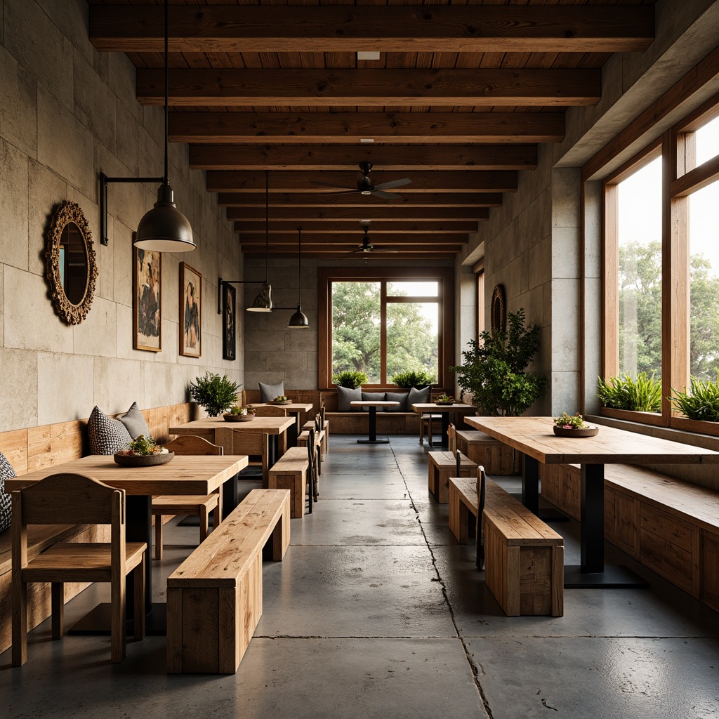 Prompt: Rustic brutalist breakfast nook, reclaimed wood benches, distressed metal chairs, industrial-style tables, concrete flooring, exposed brick walls, natural stone accents, pendant lighting fixtures, minimalist decor, warm earthy tones, cozy intimate atmosphere, morning sunlight, soft warm glow, shallow depth of field, 2/3 composition, realistic textures, ambient occlusion.