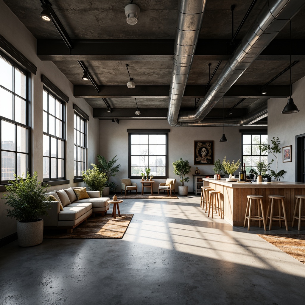 Prompt: Industrial chic interior, exposed ductwork, polished concrete floors, metal beams, reclaimed wood accents, urban loft atmosphere, natural light pouring in, large windows, minimalist decor, functional simplicity, monochromatic color scheme, dramatic shadows, high contrast lighting, 1/1 composition, shallow depth of field, realistic textures, ambient occlusion.Let me know if this meets your requirements!