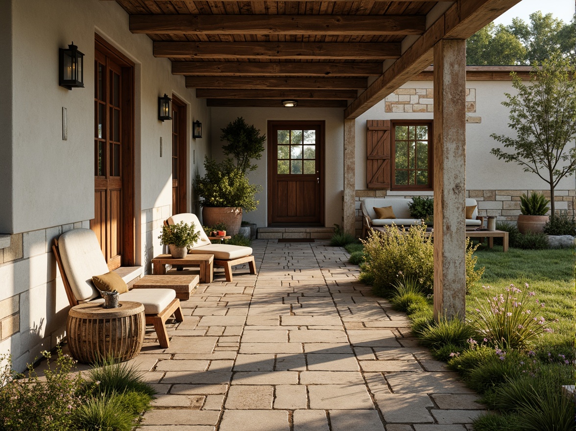 Prompt: Rustic farmhouse, vintage charm, earthy tones, weathered wood, galvanized metal accents, soft pastel hues, muted florals, distressed finishes, natural textiles, woven baskets, antique furniture, aged brick walls, stone pathways, lush greenery, wildflowers, sunny afternoon, warm golden lighting, shallow depth of field, 1/1 composition, realistic textures, ambient occlusion.