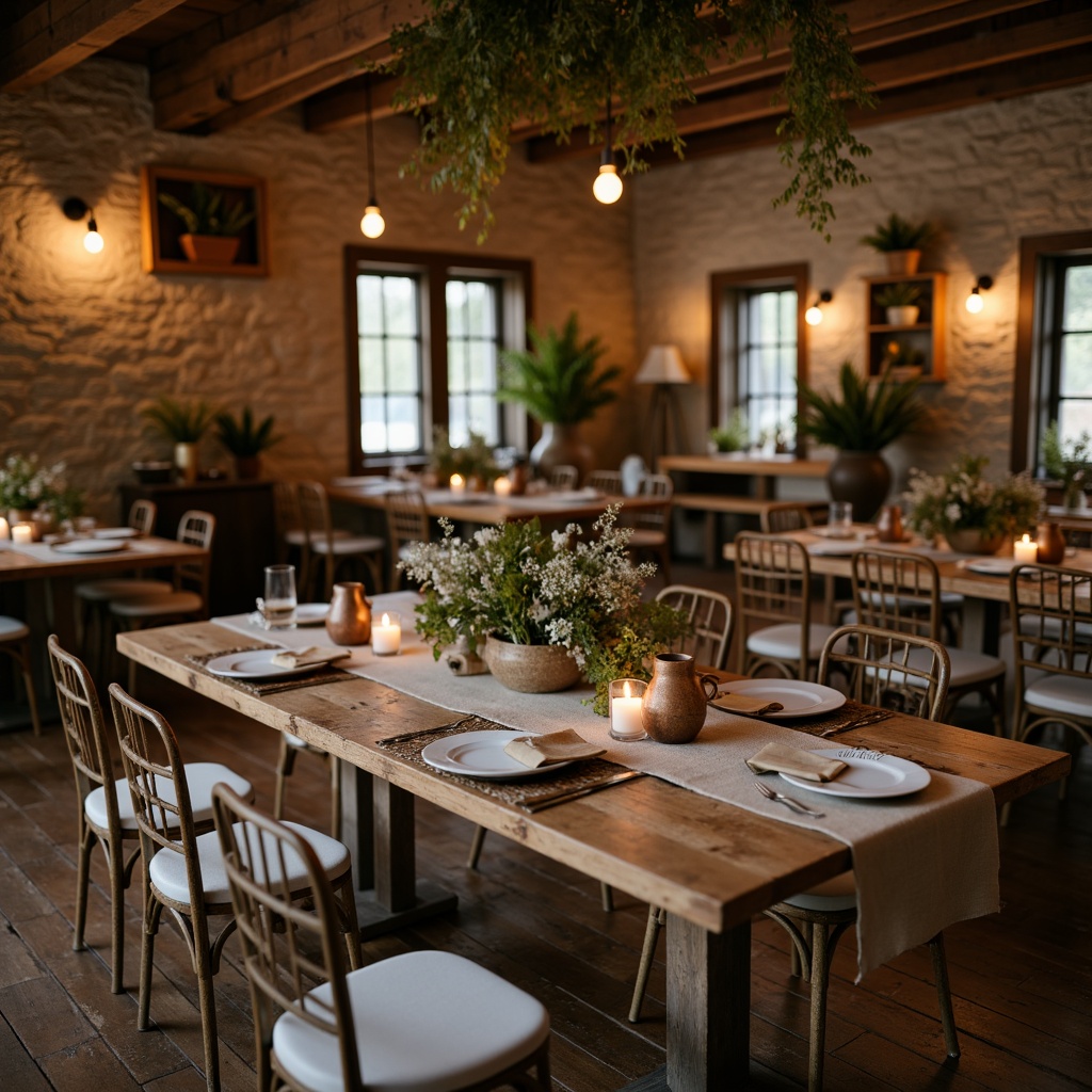 Prompt: Rustic wooden tables, vintage metal chairs, distressed finishes, natural textures, earthy color palette, warm candle lighting, lanterns, pendant lights, stone walls, exposed beams, reclaimed wood accents, farmhouse decorations, potted plants, greenery, wildflowers, linen tablecloths, burlap napkins, woven baskets, earthenware vases, soft focus, shallow depth of field, 2/3 composition, warm color tone, cozy atmosphere.