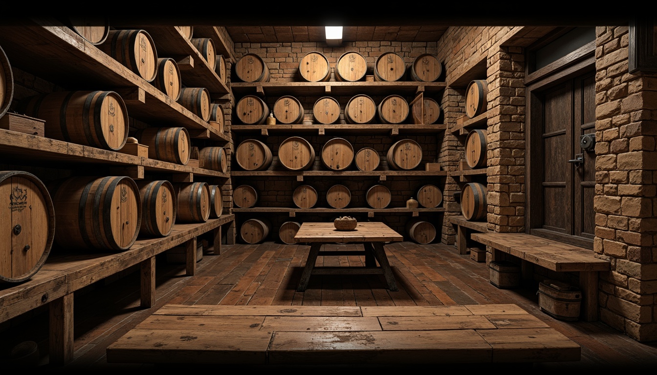 Prompt: Distressed wooden shelves, rustic metal frames, vintage wine barrels, dimly lit cellar, earthy stone walls, rich wood tones, ornate ironwork, distressed finishes, soft warm lighting, shallow depth of field, 3/4 composition, panoramic view, realistic textures, ambient occlusion.