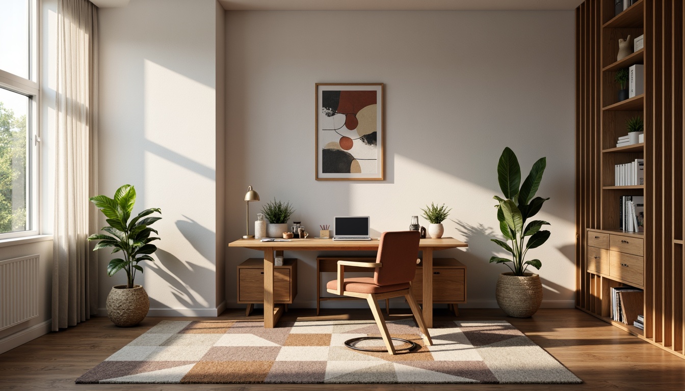 Prompt: Modern home office, minimalist decor, wooden desk, ergonomic chair, floor lamp, warm task lighting, softbox lights, LED strips, natural daylight, large windows, sheer curtains, plants, abstract artwork, geometric patterns, earthy tones, calming atmosphere, 1/1 composition, shallow depth of field, realistic textures, ambient occlusion.