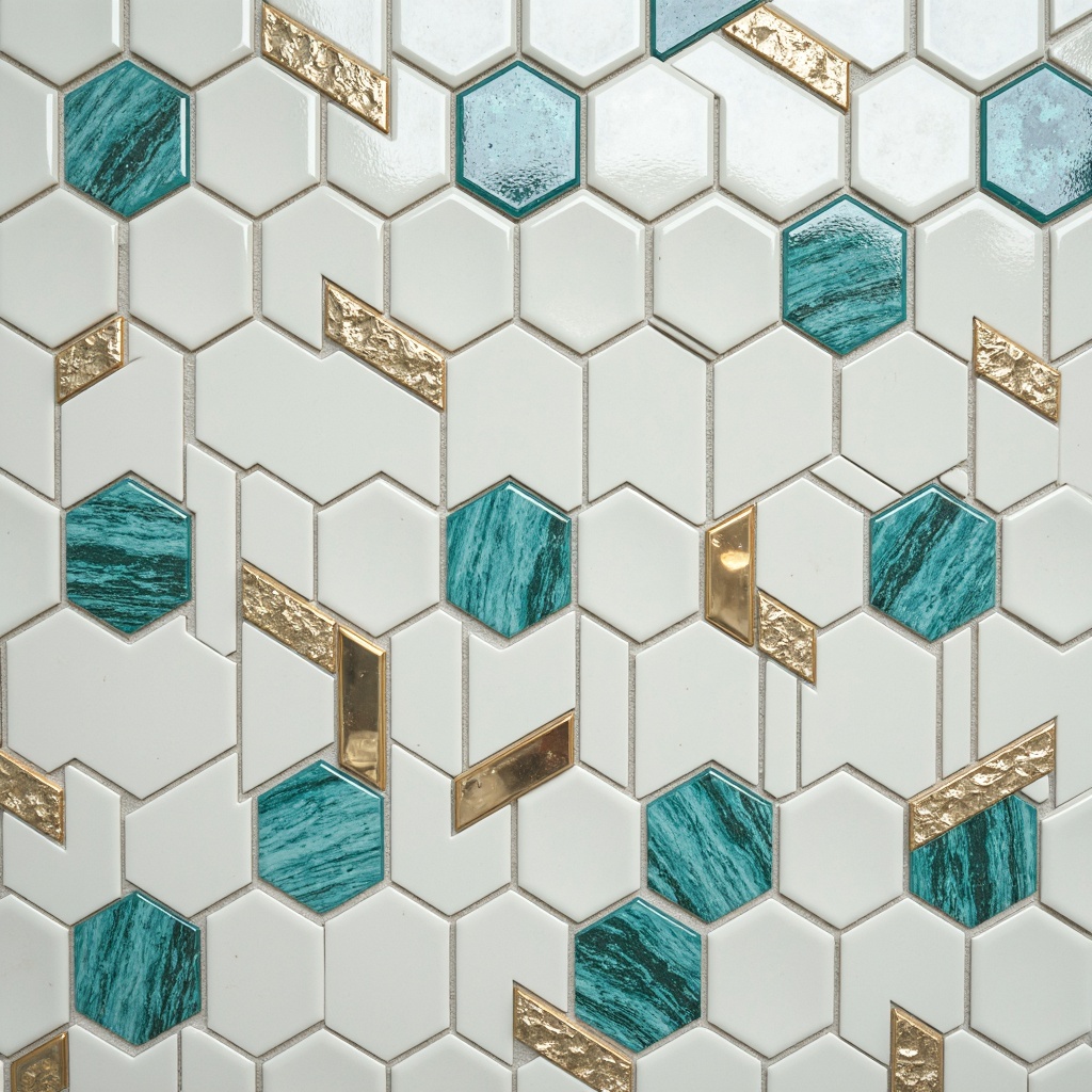 Prompt: Geometric mosaic tiles, hexagonal shapes, contrasting grout lines, monochromatic color scheme, subtle texture variations, luxurious marble accents, metallic inlays, herringbone patterns, chevron designs, Moroccan-inspired motifs, vibrant turquoise hues, creamy white backgrounds, natural stone textures, seamless transitions, 3D visual effects, high-gloss finishes, modern minimalist aesthetic, sleek industrial chic.