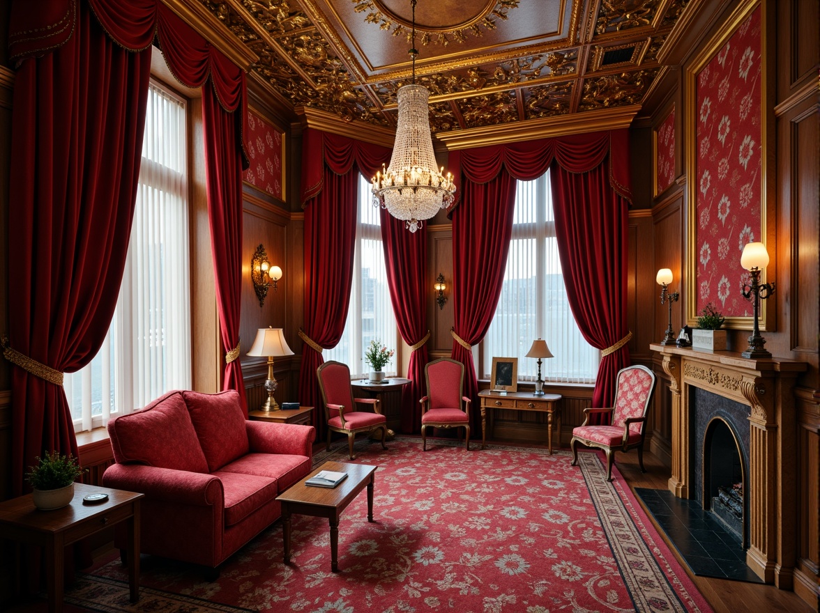 Prompt: Luxurious apartment interior, rich velvet drapes, ornate golden frames, lavish crystal chandeliers, intricate wooden paneling, soft plush carpets, bold red accent walls, antique furniture pieces, curved lines, flourished patterns, regal atmosphere, warm cozy lighting, shallow depth of field, 1/1 composition, realistic textures, ambient occlusion.