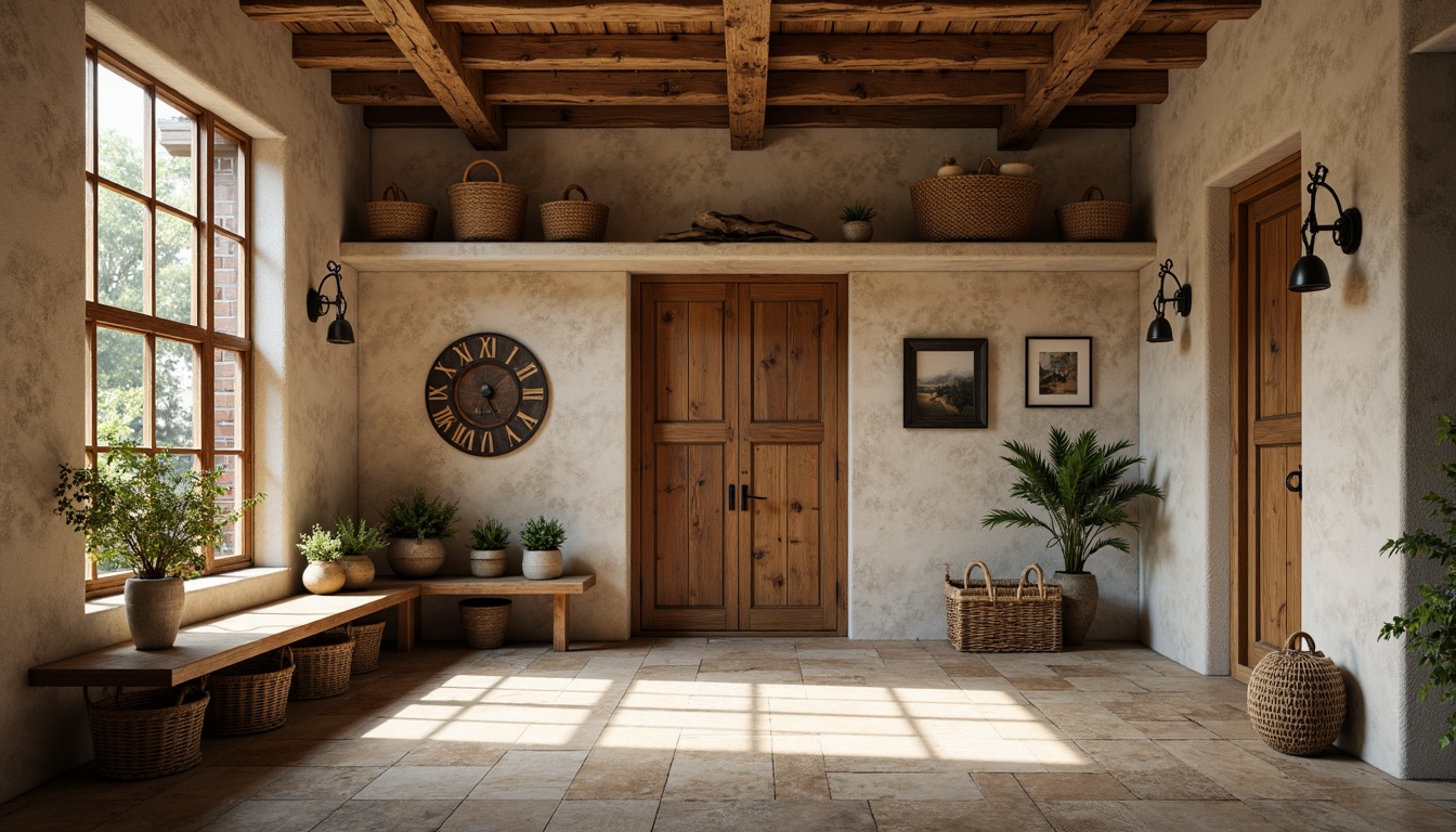 Prompt: Rustic mudroom, natural stone flooring, earthy tones, organic textures, woven baskets, reclaimed wood accents, industrial metal decorations, distressed finishes, exposed brick walls, vintage-inspired lighting fixtures, warm beige color palette, soft warm lighting, shallow depth of field, 1/1 composition, realistic textures, ambient occlusion.