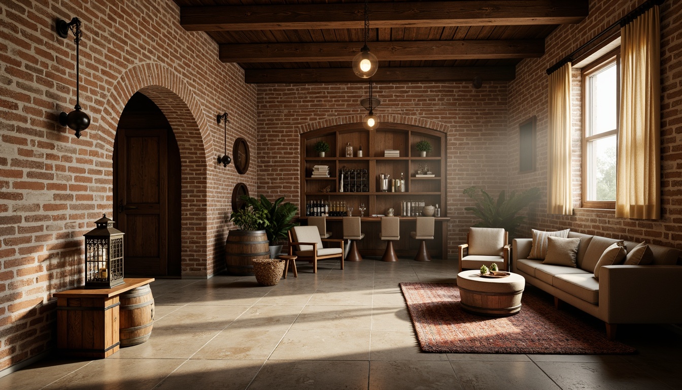 Prompt: Distressed stone walls, rustic brick arches, reclaimed wood accents, soft warm lighting, wine barrel tables, vintage metal lanterns, earthy tone color palette, natural stone flooring, ornate metalwork, wooden wine crates, antique furniture pieces, plush area rugs, warm beige curtains, dimmable pendant lights, 1/2 composition, atmospheric mist, realistic textures, ambient occlusion.