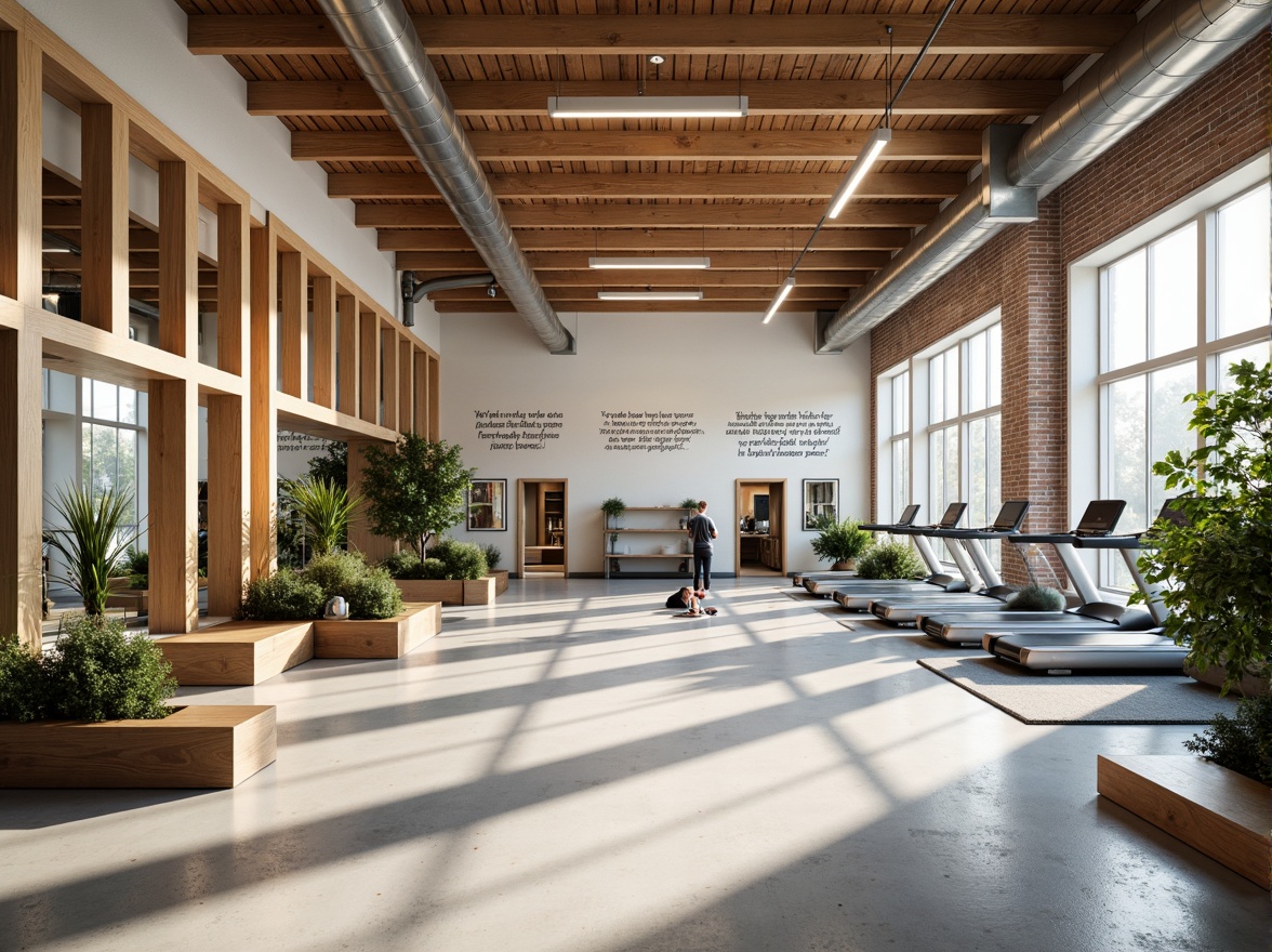 Prompt: Bright fitness studio, light wood accents, minimalist decor, Nordic-inspired color palette, high ceilings, large windows, natural daylight, soft warm lighting, LED floor lamps, sleek metal fixtures, modern industrial chic, urban loft atmosphere, motivational quotes, athletic equipment, free weights, treadmills, exercise mats, mirrored walls, concrete floors, raw brick walls, greenery, potted plants, airy feel, 1/2 composition, shallow depth of field, realistic textures.