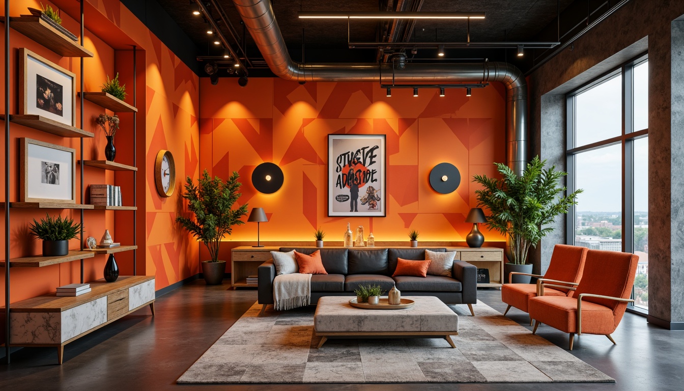 Prompt: Bold accent wall, vibrant orange tone, geometric pattern, modern minimalist decor, sleek metal frames, contrasting textures, dramatic lighting effects, statement piece, focal point, luxurious atmosphere, high-end finishes, marble surfaces, metallic accents, rich wood tones, sophisticated color palette, urban loft aesthetic, exposed ductwork, polished concrete floors, industrial chic ambiance, abstract artwork, eclectic furniture pieces, bold typography, 3/4 composition, shallow depth of field, realistic renderings.