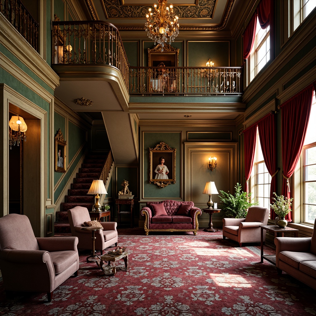 Prompt: Opulent Victorian mansion, rich velvet fabrics, intricate patterns, luxurious furnishings, warm golden lighting, ornate wood carvings, lavish chandeliers, bold red accents, deep emerald green walls, creamy white trim, soft mauve upholstery, distressed leather armchairs, antique bronze hardware, grand staircase, patterned rugs, heavy drapery, rich jewel tones, dramatic ceiling heights, warm cozy ambiance, inviting atmosphere.