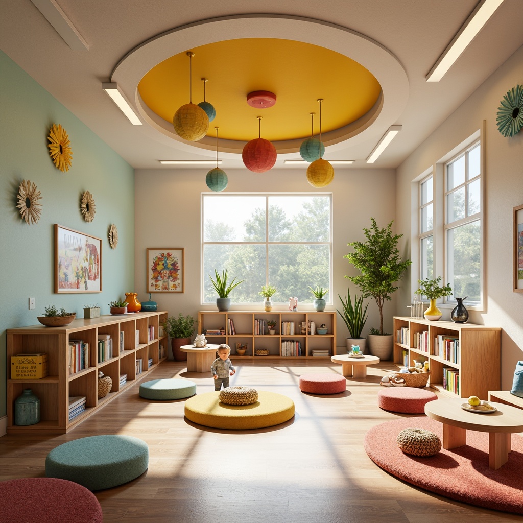 Prompt: Vibrant kindergarten interior, modern minimalist decor, rounded edges, soft pastel colors, wooden accents, playful lighting fixtures, suspended globes, colorful lanterns, recessed ceiling lights, LED strips, natural textiles, woven baskets, ergonomic furniture, cozy reading nooks, interactive displays, educational graphics, stimulating play areas, circular tables, soft cushions, abundant natural light, warm sunny day, shallow depth of field, 1/2 composition, realistic textures, ambient occlusion.