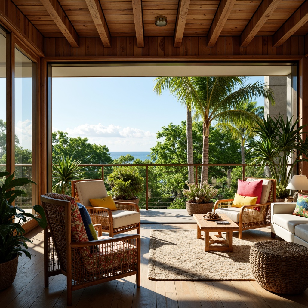 Prompt: Tropical living room, natural woven furniture, rattan armchairs, wooden coffee tables, vibrant colorful throw pillows, lush greenery, exotic plants, wicker baskets, coastal-inspired decor, driftwood accents, bamboo flooring, large windows, sliding glass doors, ocean views, sunny day, warm soft lighting, shallow depth of field, 1/1 composition, realistic textures, ambient occlusion.