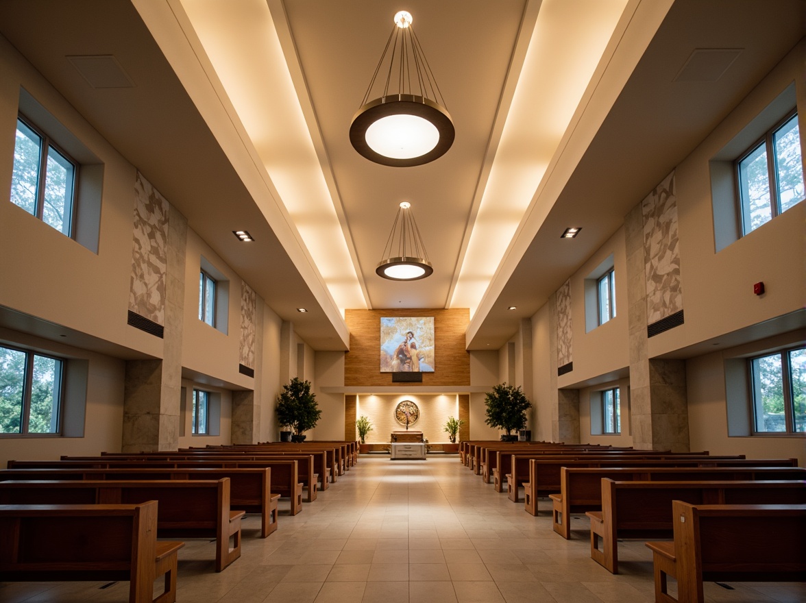 Prompt: Contemporary church interior, minimalist decor, soft warm lighting, stained glass windows, subtle color scheme, elegant chandeliers, LED strips, indirect illumination, dramatic spotlights, worship space, wooden pews, neutral tone flooring, calming atmosphere, serene ambiance, natural stone walls, clerestory windows, diffused light, 1/2 composition, shallow depth of field, warm white lighting, spiritual experience.