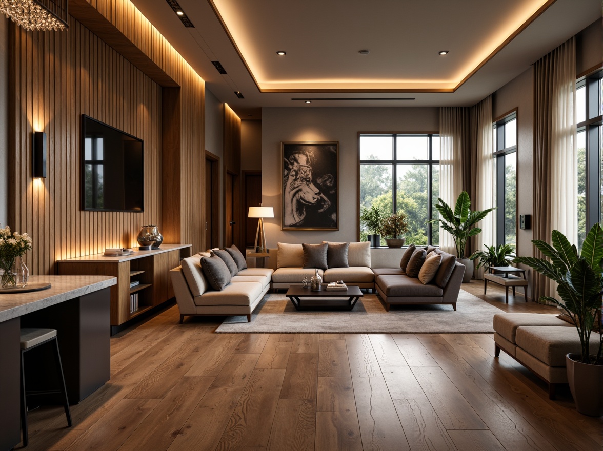 Prompt: Luxurious living room, rich wood flooring, polished marble countertops, soft ambient lighting, plush velvet sofas, metallic accents, sleek minimalist lines, floor-to-ceiling windows, natural stone feature walls, sophisticated color palette, high-gloss finishes, premium leather upholstery, ornate mirrors, crystal chandeliers, subtle texture contrasts, 1/1 composition, shallow depth of field, warm neutral tones, inviting atmosphere.