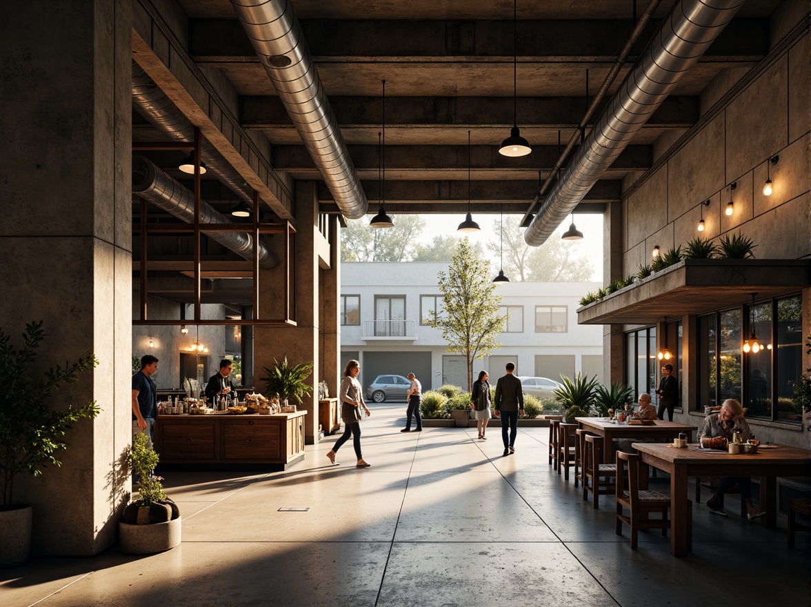 Prompt: Exposed ductwork, industrial pipes, rough concrete walls, brutalist architecture, market interior, creative lighting design, suspended metal fixtures, Edison bulbs, reclaimed wood accents, metal beams, polished concrete floors, urban atmosphere, bustling activity, morning sunlight, warm color temperature, high contrast ratio, dramatic shadows, 1/2 composition, cinematic mood, realistic textures, ambient occlusion.