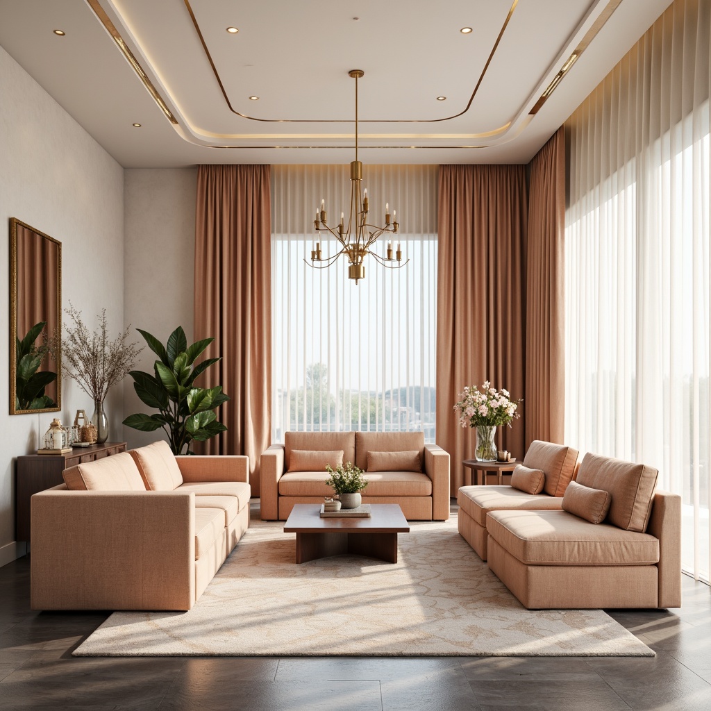 Prompt: Richly textured upholstery, soft peach tones, creamy whites, warm beige accents, luxurious gold hardware, velvet drapes, subtle patterned rugs, modern minimalist furniture, sleek low-profile sofas, airy open-plan spaces, abundance of natural light, floor-to-ceiling windows, sheer curtains, elegant pendant lighting, ambient warm glow, 1/1 composition, soft focus, realistic materials.