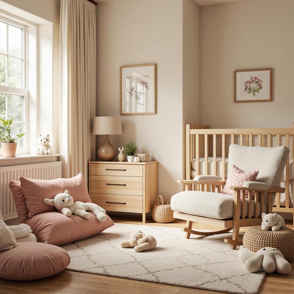 Prompt: Cozy nursery, plush toys, soft pastel colors, gentle lighting, warm beige walls, comfortable gliders, oversized pillows, fluffy area rugs, calming ambiance, serene atmosphere, soothing color palette, natural fabrics, breathable cotton, gentle texture, subtle sheen, delicate patterns, whisper-quiet surroundings, shallow depth of field, 1/1 composition, intimate setting, realistic materials, ambient occlusion.