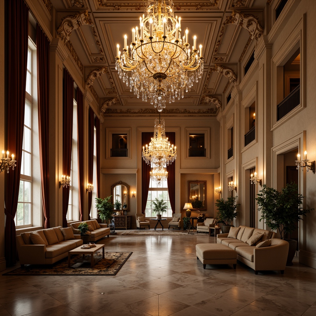 Prompt: Elegant chandeliers, ornate metalwork, crystal drops, soft warm glow, luxurious ambiance, high ceilings, grand ballrooms, opulent furnishings, rich fabrics, velvet drapes, marble floors, intricate moldings, subtle color palette, golden accents, refined textures, delicate patterns, sophisticated shapes, majestic scale, dramatic verticality, symmetrical composition, 1/2 perspective, soft focus, warm tone.