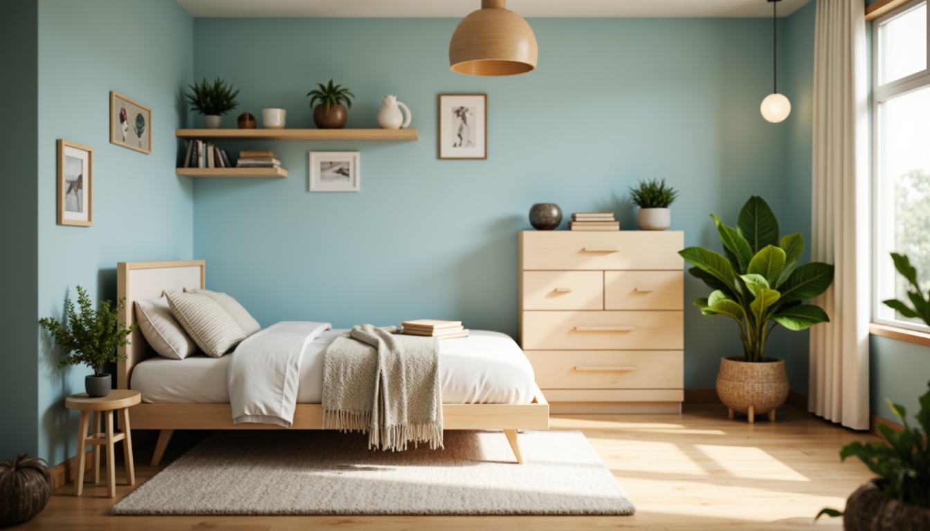 Prompt: Cozy dorm room, soft warm lighting, calming color scheme, pale blue walls, creamy white furniture, natural wood accents, plush area rug, vibrant green plants, modern minimalist decor, subtle geometric patterns, textured bedding, gentle bokeh blur, shallow depth of field, 1/2 composition, realistic textures, ambient occlusion.