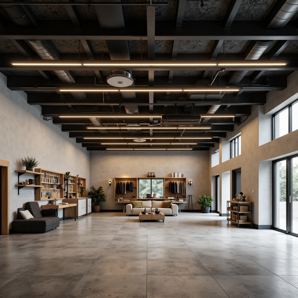 Prompt: Minimalist family garage, industrial metal beams, polished concrete floors, sleek LED strip lights, soft warm glow, subtle shadows, functional storage systems, organized tool displays, neutral color palette, matte finishes, simple geometric shapes, airy open space, natural daylight, diffused overhead lighting, 1/2 composition, realistic textures, ambient occlusion.