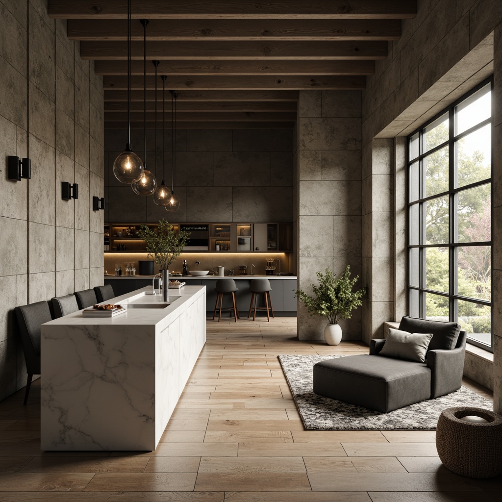 Prompt: Monochromatic minimalist interior, soft warm lighting, natural textures, rough stone walls, smooth wooden floors, matte black metal accents, creamy white marble countertops, velvety upholstery, subtle patterned rugs, organic shapes, clean lines, minimal ornamentation, industrial chic decor, functional simplicity, calm atmosphere, shallow depth of field, 1/1 composition, realistic render.