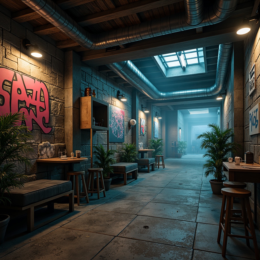 Prompt: Rustic wooden planks, weathered stone walls, metallic grills, industrial pipes, distressed concrete floors, urban graffiti, vibrant street art, eclectic mix of textures, bold geometric patterns, futuristic neon lights, cyberpunk atmosphere, high-tech gadgetry, intricate mechanical details, atmospheric fog, low-key lighting, cinematic composition, shallow depth of field.