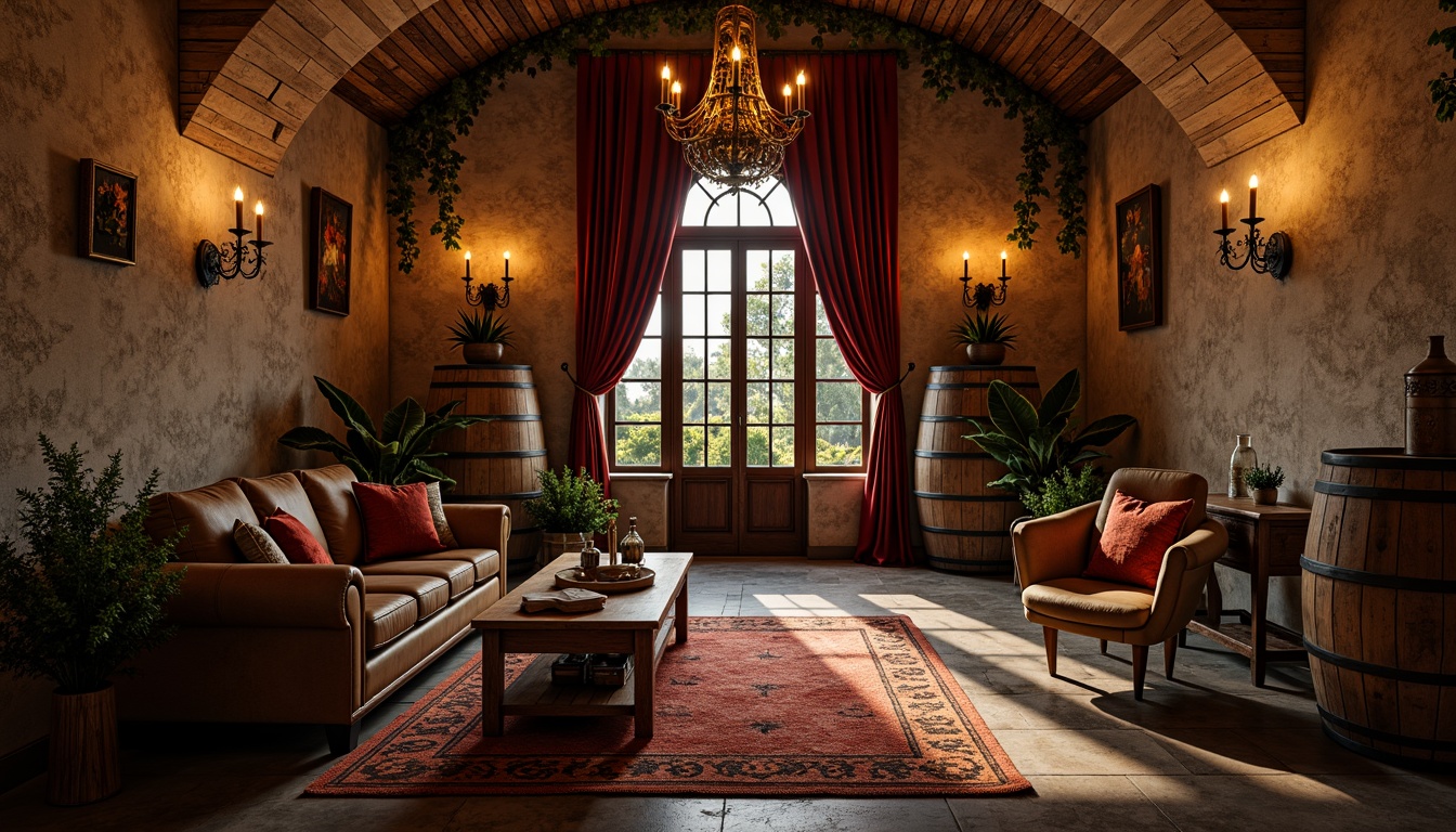 Prompt: Rustic winery, earthy tones, weathered stone walls, wooden barrel accents, vintage metal lanterns, rich velvet drapes, ornate wooden furniture, distressed leather upholstery, warm candlelight, dimly lit cellar atmosphere, aged brick archways, natural stone flooring, decorative ironwork, lavish grapevine patterns, luxurious fabric textures, soft golden lighting, 1/1 composition, intimate close-up shots, realistic material rendering.