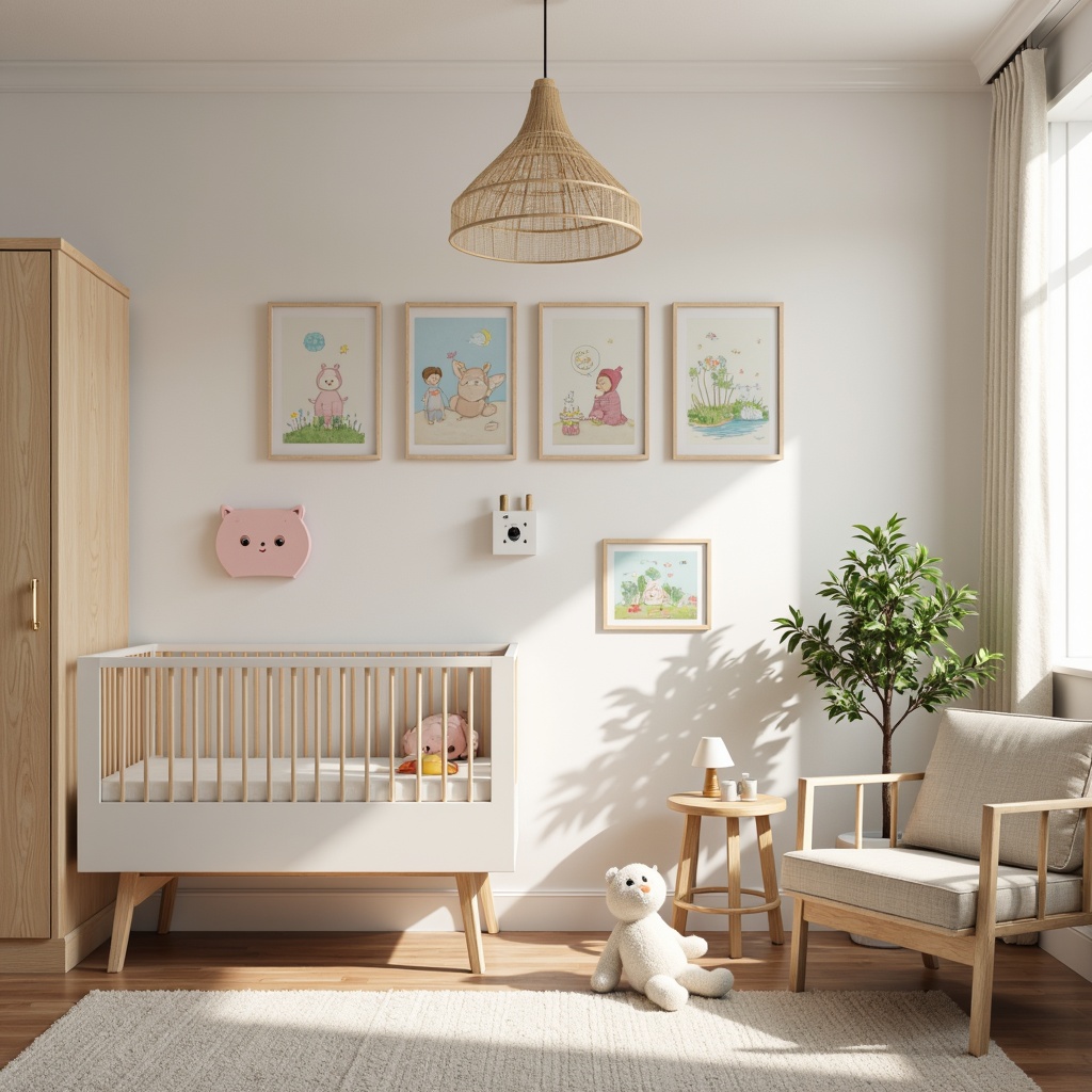 Prompt: Soft pastel colors, gentle nursery rhymes, plush toys, baby-proofed furniture, rounded edges, non-toxic materials, secure storage, electrical outlet covers, anti-scald faucets, soft flooring, natural wood cribs, calm ambiance, warm lighting, cozy reading nook, comfortable glider, serene atmosphere, baby monitoring systems, emergency exit routes, smoke detectors, carbon monoxide alarms, temperature control, air purification systems, hypoallergenic fabrics, noise reduction materials.