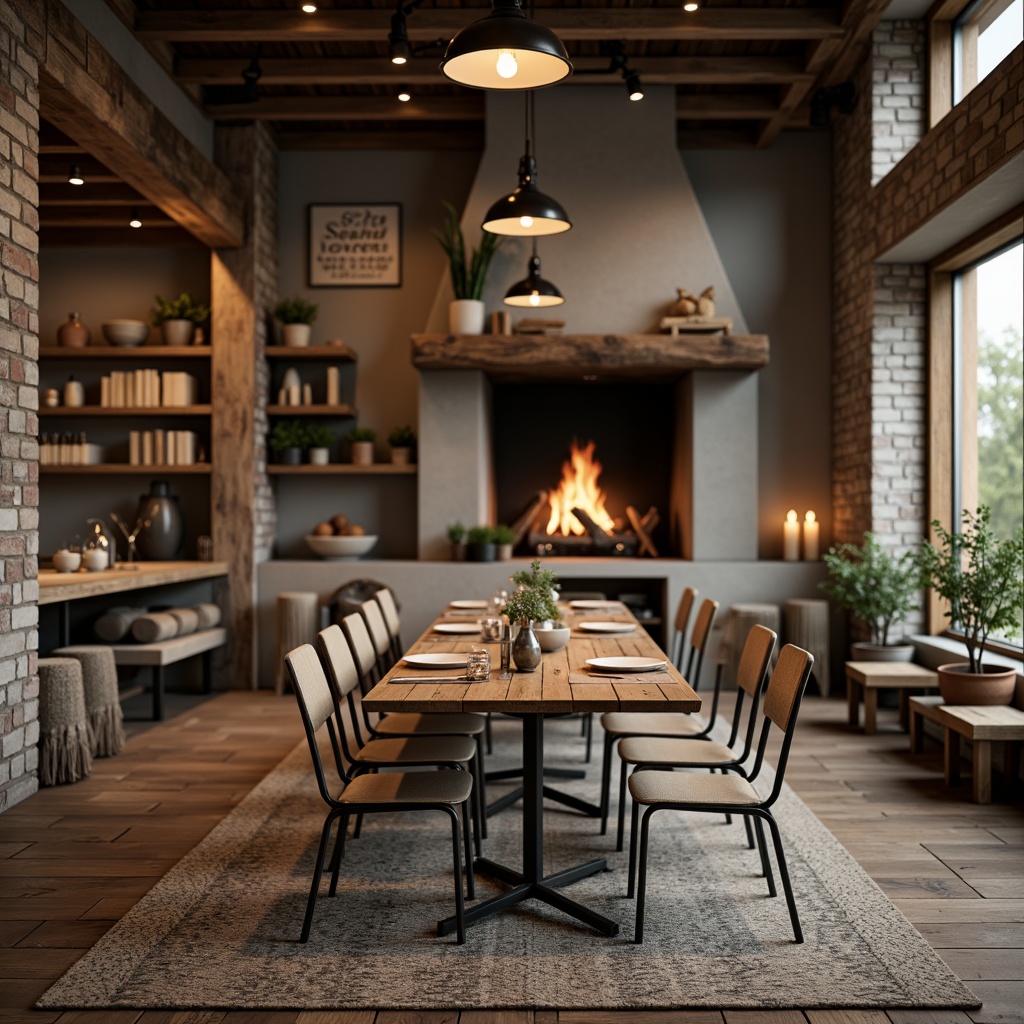 Prompt: Rustic wooden tables, minimalist metal chairs, natural linen upholstery, earthy color palette, reclaimed wood accents, industrial lighting fixtures, exposed brick walls, cozy fireplaces, vintage decorative items, Nordic-inspired patterns, warm textiles, soft candlelight, shallow depth of field, 1/1 composition, realistic textures, ambient occlusion.