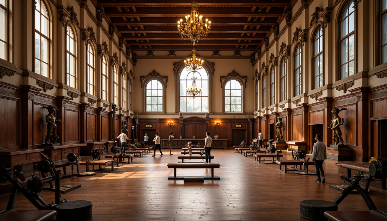 Prompt: Grand gymnasium hall, high ceilings, ornate chandeliers, polished wooden floors, neoclassical columns, arches, symmetrical layout, luxurious velvet drapes, stately wooden benches, vintage-inspired exercise equipment, antique bronze statues, intricately carved wooden paneling, soft warm lighting, shallow depth of field, 3/4 composition, realistic textures, ambient occlusion, elegant ornate mirrors, refined metal accents, sophisticated color palette.