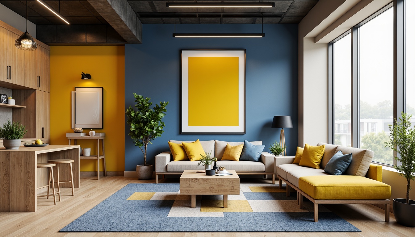 Prompt: Vibrant yellow accents, rich blue hues, neutral beige backgrounds, bold black outlines, warm wood tones, geometric patterned rugs, industrial metal fixtures, minimalist decor, functional furniture, clean lines, rectangular shapes, monochromatic color schemes, textured fabrics, matte finishes, modernist art pieces, abundant natural light, airy open spaces, 1/1 composition, high-contrast lighting, realistic material textures.