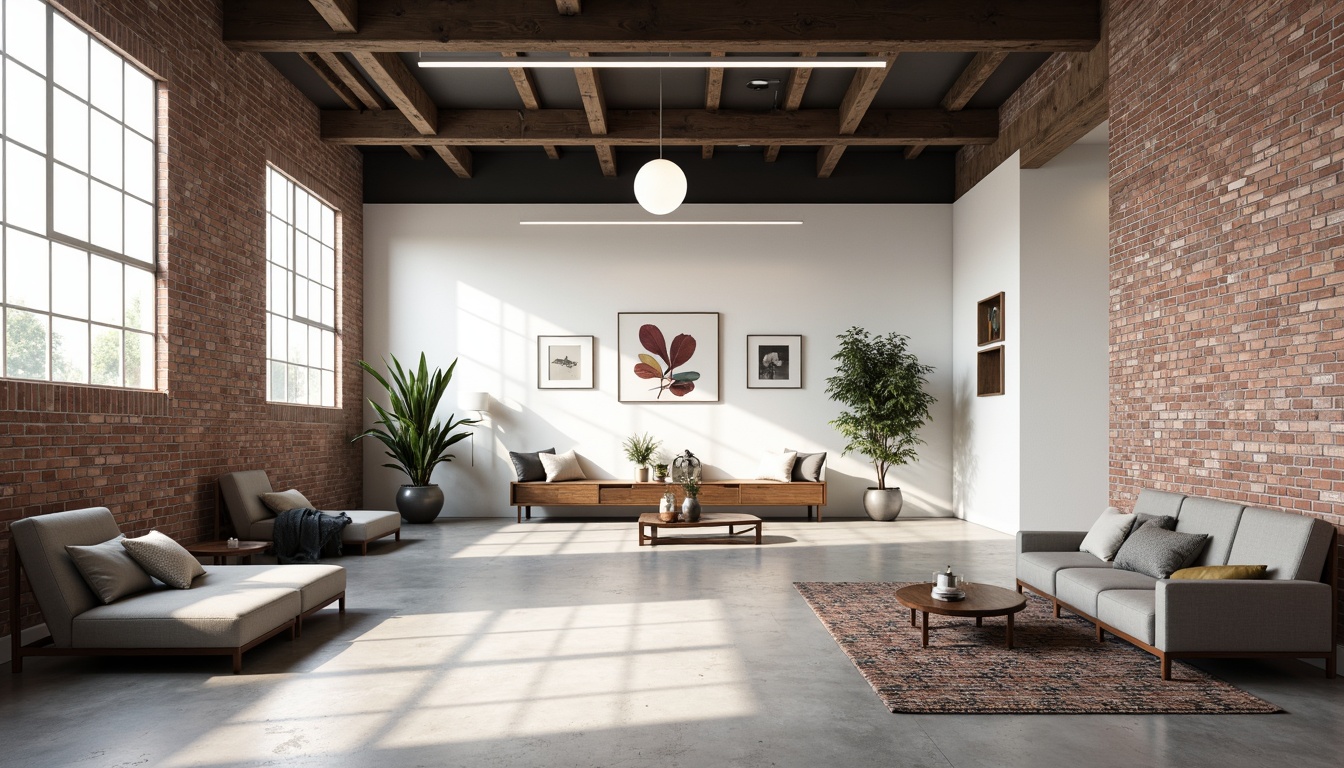 Prompt: Minimalist interior space, functional furniture, industrial materials, exposed brick walls, polished concrete floors, metallic accents, geometric shapes, primary color schemes, ample natural light, large windows, open floor plans, flowing spaces, sparse decorations, modern typography, clean lines, simplicity emphasis, 1/1 composition, softbox lighting, high-contrast rendering.