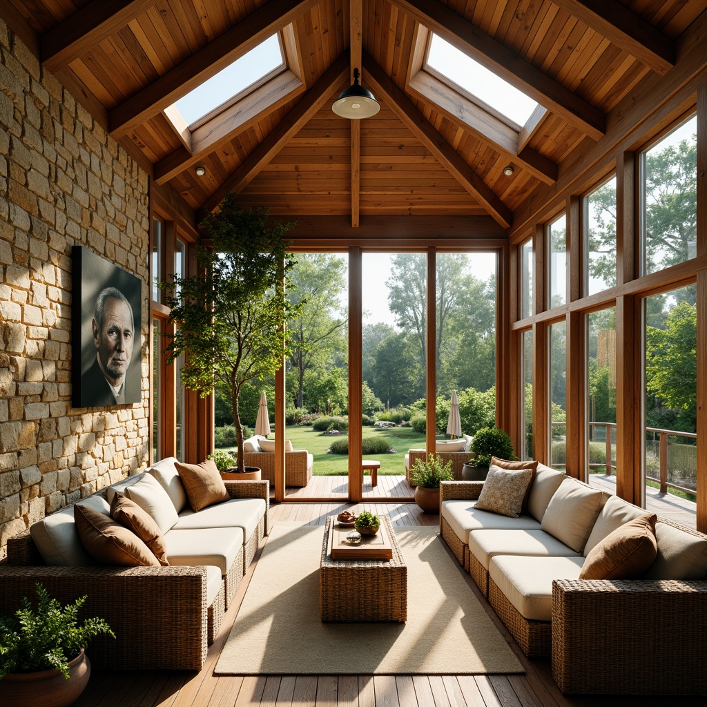 Prompt: Cozy sunroom, rustic wooden beams, natural stone walls, earthy color palette, lush greenery, skylights, clerestory windows, sliding glass doors, panoramic views, warm sunny day, soft diffused lighting, shallow depth of field, 1/1 composition, realistic textures, ambient occlusion, woven wicker furniture, plush cushions, nature-inspired accents, reclaimed wood decor, earthy scents, organic fabrics.