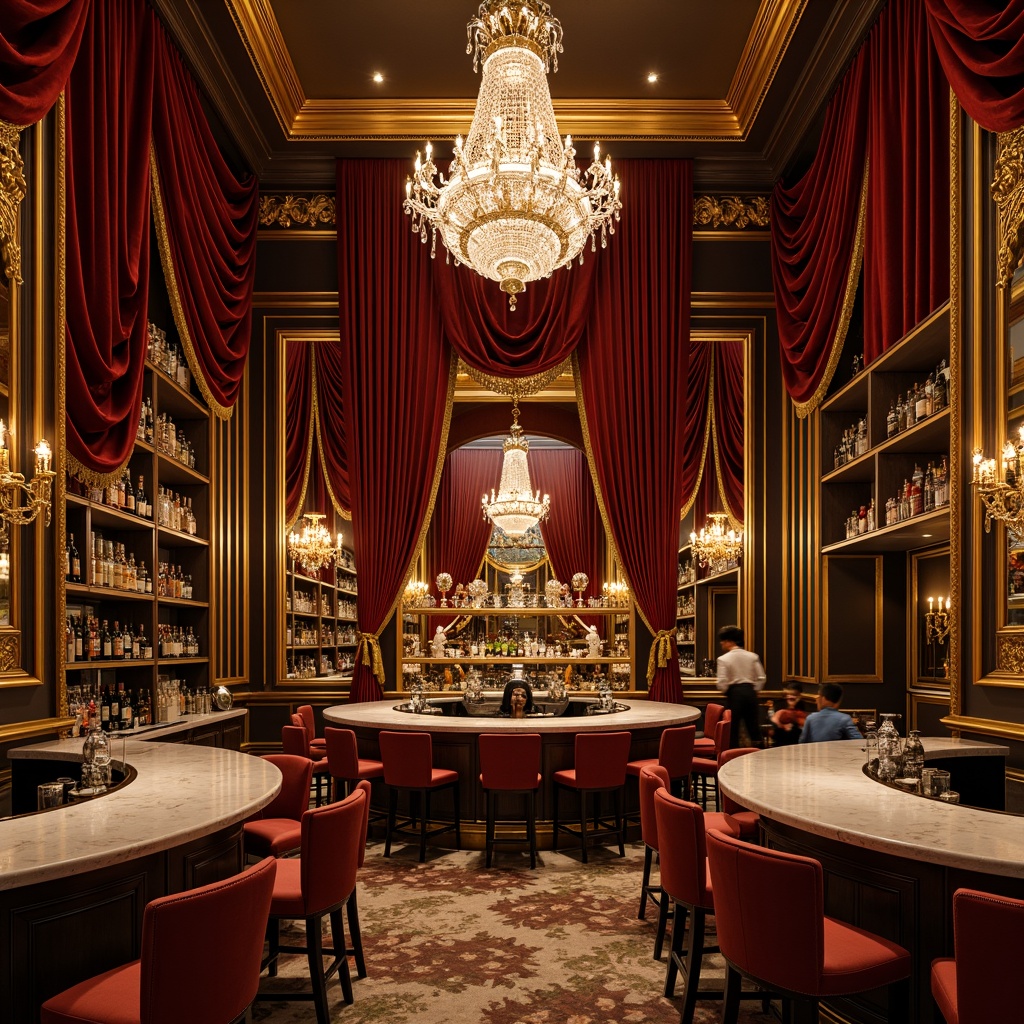 Prompt: Opulent home bar, luxurious velvet drapes, ornate gold frames, crystal chandeliers, rich wood paneling, intricate carvings, lavish marble countertops, antique furniture pieces, ornamental mirrors, heavy drapery, lavish upholstery, regal color palette, warm golden lighting, soft focus blur, 1/1 composition, shallow depth of field, dramatic shadows, high-contrast ratio.