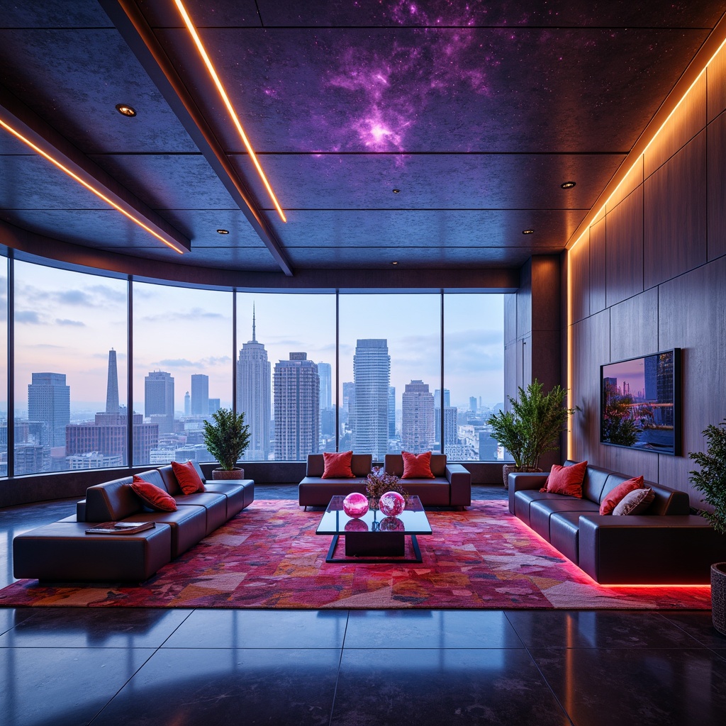 Prompt: Futuristic living room, curved lines, neon-lit ambiance, metallic accents, holographic displays, levitating furniture, glowing orbs, ambient lighting, 3D-printed chairs, transparent coffee tables, minimalist decor, sleek low-profile sofas, vibrant colorful throw pillows, geometric-patterned rugs, high-gloss flooring, robotic sculptures, atmospheric misting systems, panoramic city views, cinematic wide-angle shots, shallow depth of field.