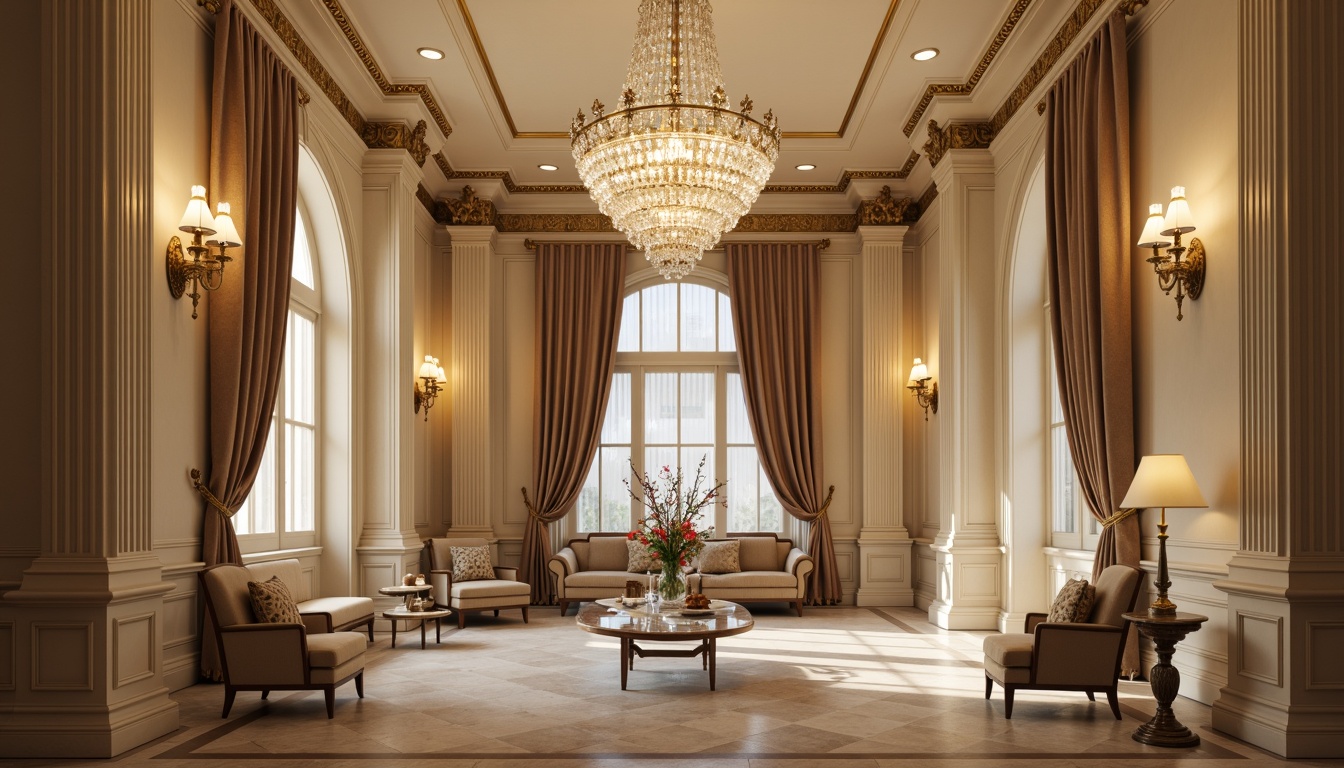 Prompt: Elegant chandeliers, ornate sconces, crystal drops, gold accents, luxurious fabrics, refined proportions, symmetrical compositions, rich wood tones, creamy marble, subtle moldings, classic pilasters, ornamental corbels, soft warm glow, warm beige lighting, gentle shadows, 1/1 composition, realistic textures, ambient occlusion.