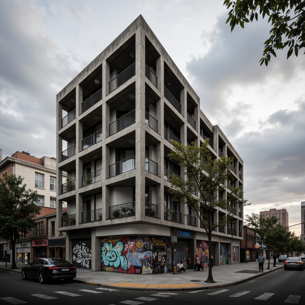 Prompt: Monochromatic brutalist building, rugged concrete texture, industrial steel beams, distressed wood accents, bold black metal frames, stark white walls, muted earthy tones, vibrant graffiti murals, urban cityscape backdrop, overcast sky with dramatic clouds, high-contrast lighting, sharp geometric shadows, cinematic composition, gritty realistic render.