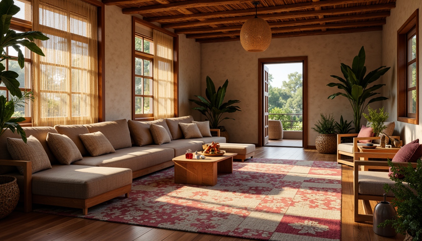 Prompt: Cozy woven fabrics, soft plush cushions, vibrant colored rugs, natural fiber upholstery, earthy tone palettes, organic shapes, warm ambient lighting, inviting seating areas, rustic wooden accents, woven baskets, handmade craftsmanship, tactile experiences, sensory exploration, comforting atmosphere, serene ambiance, shallow depth of field, 1/1 composition, realistic textures, subtle shading.