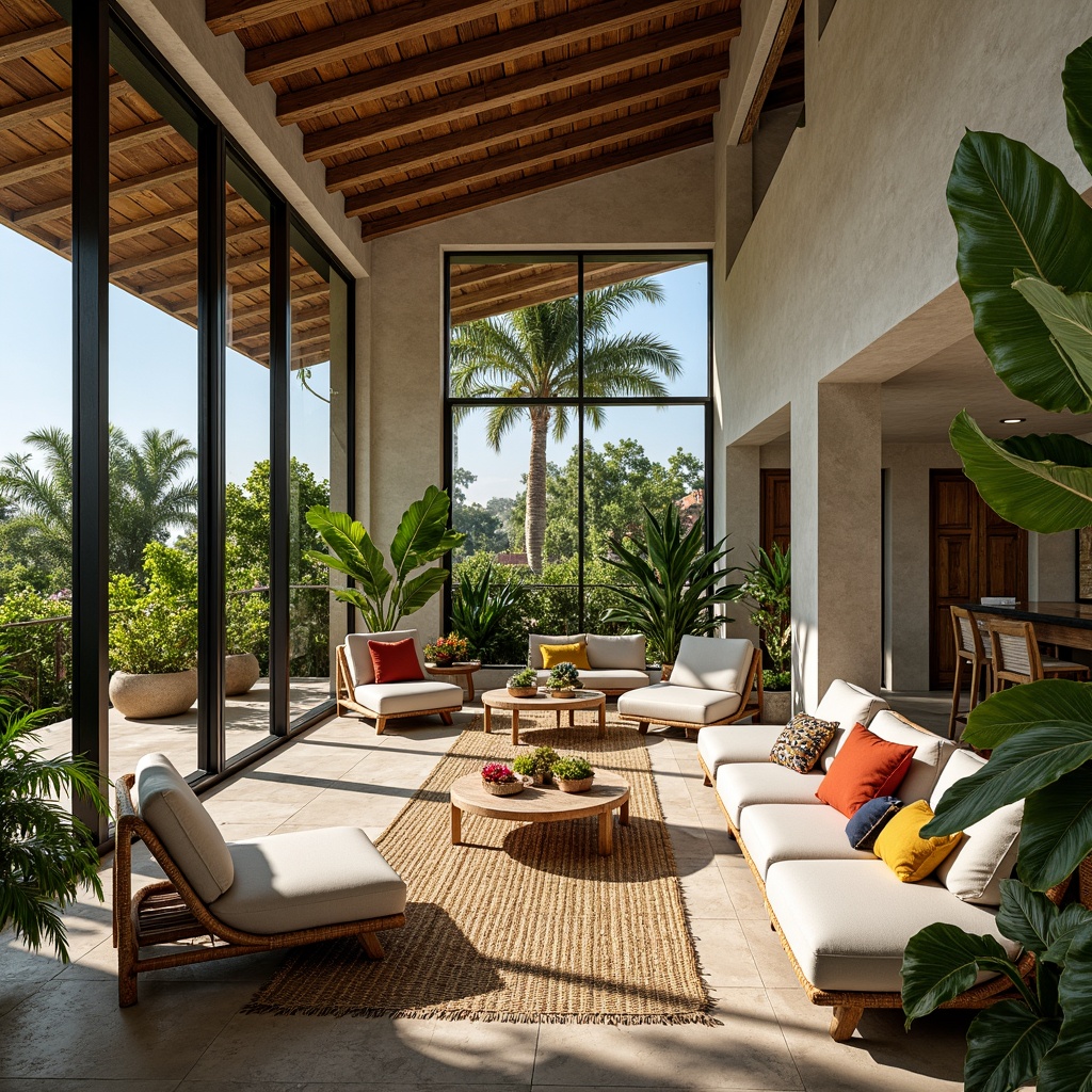 Prompt: Tropical open-plan living area, high ceilings, large windows, sliding glass doors, natural stone flooring, wooden accents, lush greenery, potted plants, vibrant floral arrangements, rattan furniture, colorful textiles, woven bamboo decor, ocean-inspired color palette, warm sunny day, soft diffused lighting, shallow depth of field, 1/2 composition, realistic textures, ambient occlusion.