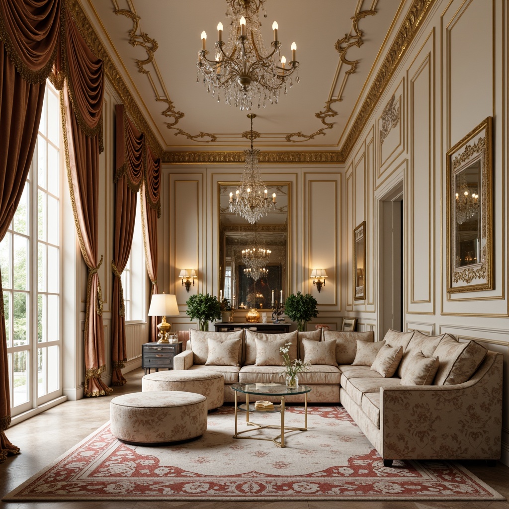 Prompt: Luxurious velvet drapes, ornate gold leaf accents, soft cream-colored walls, delicate floral patterns, intricately carved wooden panels, richly textured damask fabrics, dramatic crystal chandeliers, lavish silk upholstery, opulent jewel-toned colors, subtle sheen finishes, elegant curved lines, whimsical shell-shaped motifs, indulgent marble inlays, refined gilded moldings, exquisite hand-painted details, romantic soft focus lighting, 1/2 composition, ornate mirror frames, luxurious floor-to-ceiling treatments.