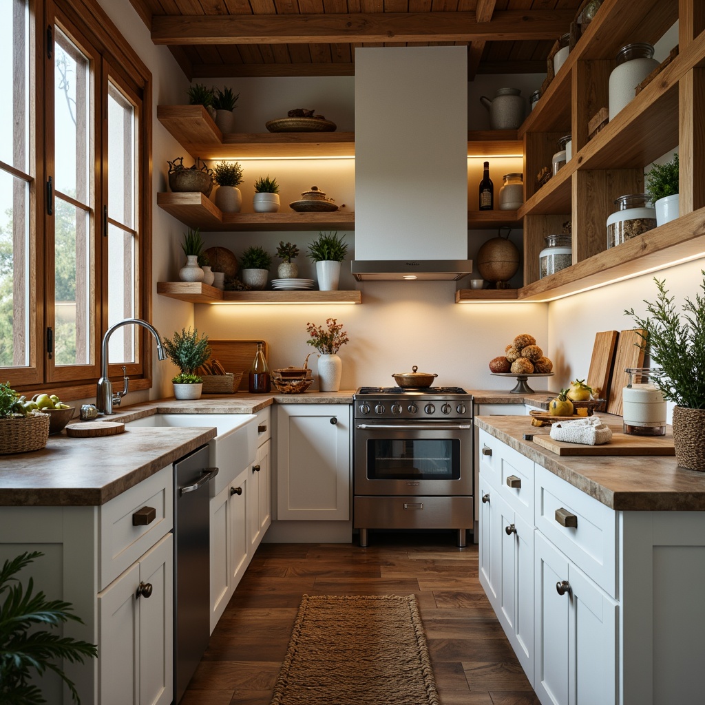 Prompt: Cozy pantry, warm earthy tones, rich wood accents, creamy whites, soft grays, calming blues, rustic metal hardware, vintage ceramic jars, woven baskets, natural stone countertops, ambient warm lighting, shallow depth of field, 1/1 composition, realistic textures, subtle shadows.