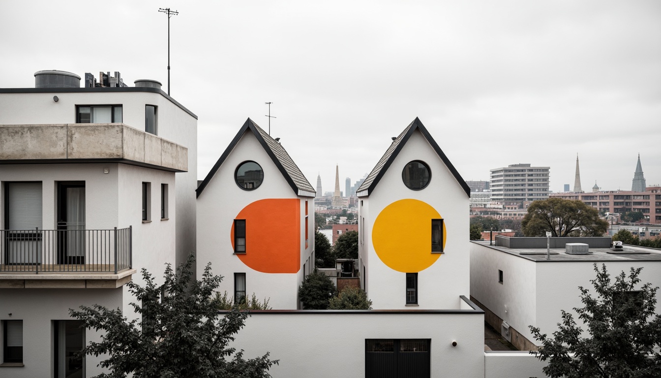 Prompt: Minimalist buildings, rectangular forms, triangular roofs, circular windows, bold color blocking, primary color accents, industrial materials, exposed ductwork, functional simplicity, clean lines, geometric patterns, abstract compositions, graphic textures, urban cityscape, cloudy day, soft diffused lighting, shallow depth of field, 2/3 composition, symmetrical framing, high-contrast monochrome tones.