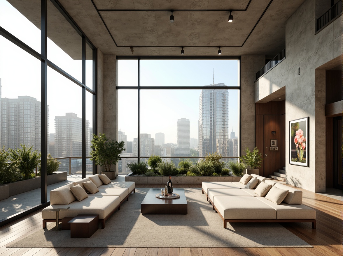 Prompt: Airy penthouse, open floor plan, high ceilings, expansive windows, cityscape views, modern transitional style, sleek minimalism, neutral color palette, polished hardwood floors, comfortable lounge seating, pendant lighting fixtures, greenery accents, natural stone walls, industrial chic elements, urban skyline backdrop, soft warm lighting, shallow depth of field, 2/3 composition, realistic textures, ambient occlusion.