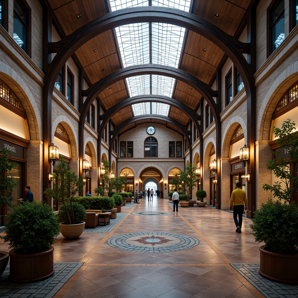 Prompt: Grandiose train station, high ceilings, elegant arches, ornate chandeliers, sophisticated wood accents, vintage luggage racks, classic clock towers, intricate tile mosaics, natural stone walls, imposing steel beams, dramatic skylights, abundant greenery, ambient warm lighting, shallow depth of field, 2/3 composition, symmetrical architecture, realistic textures, soft focus blur.