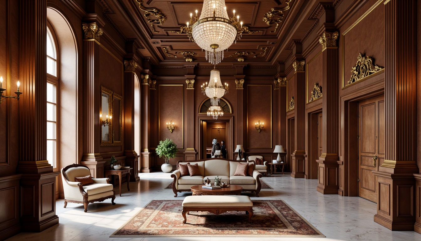 Prompt: Elegant neoclassical interior, ornate furnishings, rich wood tones, velvet upholstery, carved mahogany legs, gilded accents, crystal chandeliers, marble floors, high ceilings, symmetrical composition, soft warm lighting, subtle shadows, 3/4 view, realistic textures, ambient occlusion.