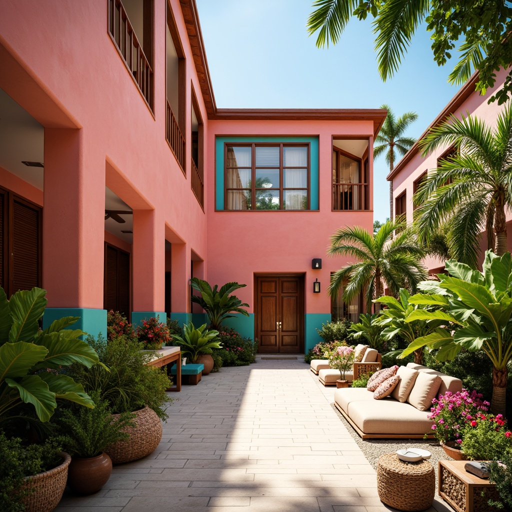 Prompt: Vibrant tropical city hall, coral pink walls, turquoise accents, lush greenery, palm trees, exotic flowers, wooden accents, natural textures, rattan furniture, woven patterns, bright sunshine, warm soft lighting, shallow depth of field, 1/2 composition, realistic rendering, ambient occlusion.