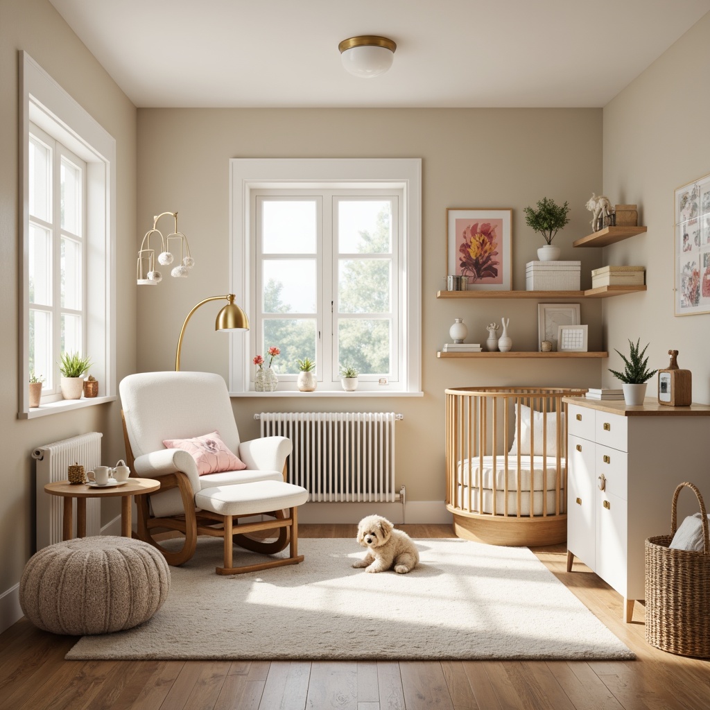 Prompt: Cozy nursery, soft pastel colors, gentle lighting, plush carpeting, wooden crib, comfortable glider, calming mobiles, baby-safe furniture, rounded edges, non-toxic materials, secure storage, electrical outlet covers, corner protectors, baby gates, window guards, smoke detectors, carbon monoxide alarms, emergency escape plans, soft toys, breathable fabrics, hypoallergenic bedding, warm neutral tones, shallow depth of field, 1/1 composition, realistic textures, ambient occlusion.