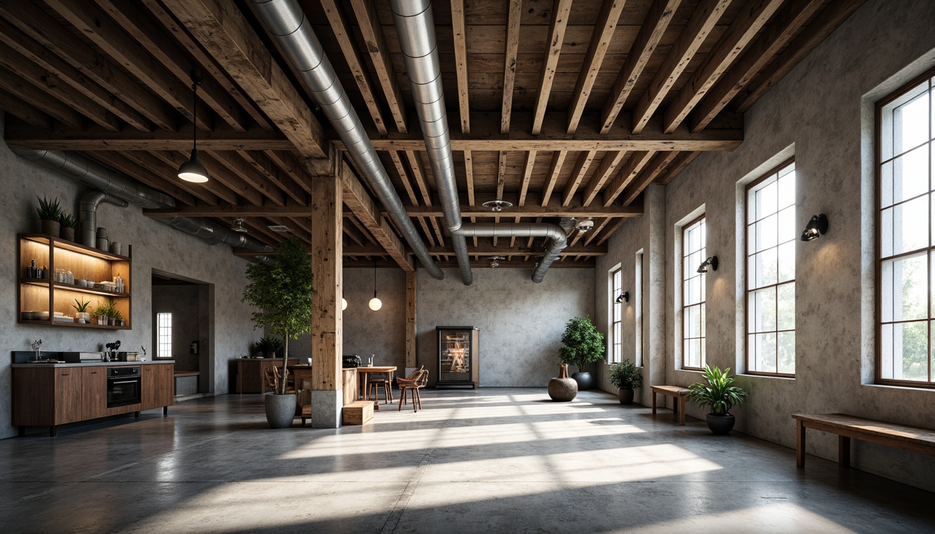 Prompt: Exposed ductwork, industrial pipes, raw concrete walls, metal beams, reclaimed wood accents, urban loft atmosphere, Edison bulb lighting, polished concrete floors, distressed finishes, brutalist architecture, functional minimalism, open floor plans, natural light pouring in, dramatic shadows, 3/4 composition, symmetrical framing, gritty textures, ambient occlusion.