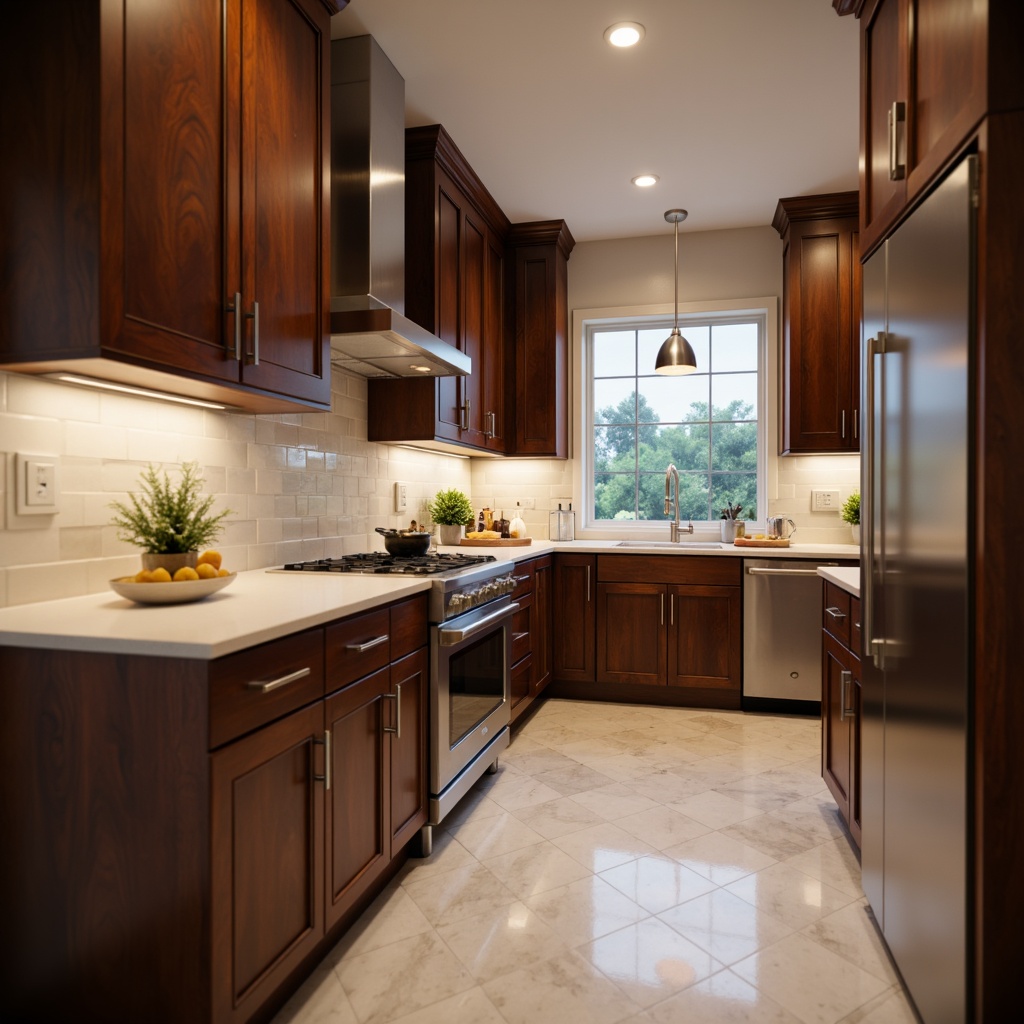 Prompt: Luxurious kitchen, rich wood cabinetry, quartz countertops, stainless steel appliances, pendant lighting, modern faucet, sleek backsplash, marble flooring, warm ambient lighting, shallow depth of field, 3/4 composition, realistic textures, soft focus blur.