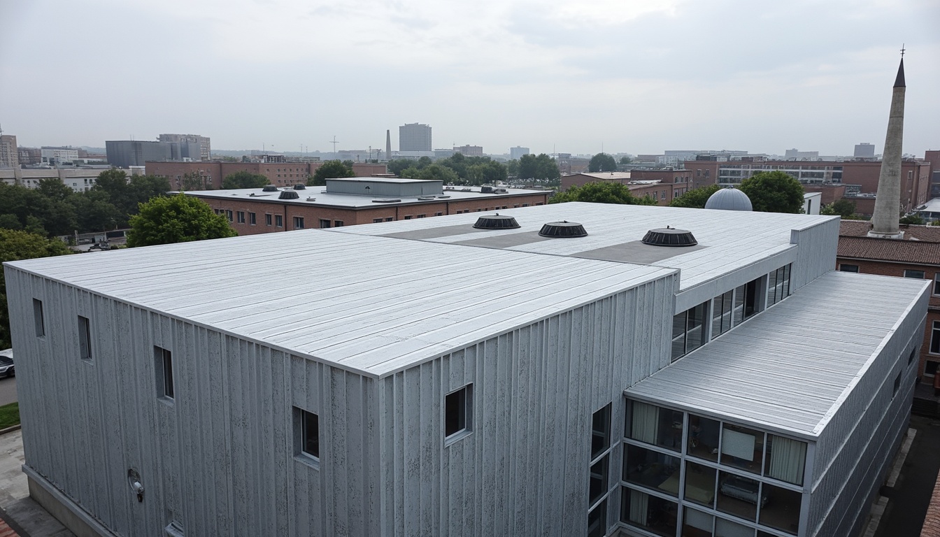 Prompt: Industrial facility, perforated metal cladding, corrugated roofing, silver-gray finish, urban landscape, overcast sky, soft diffused lighting, shallow depth of field, 1/2 composition, realistic metallic textures, ambient occlusion, brutalist architecture, functional design, sustainable building materials, optimized ventilation systems, natural airflow, reduced energy consumption.