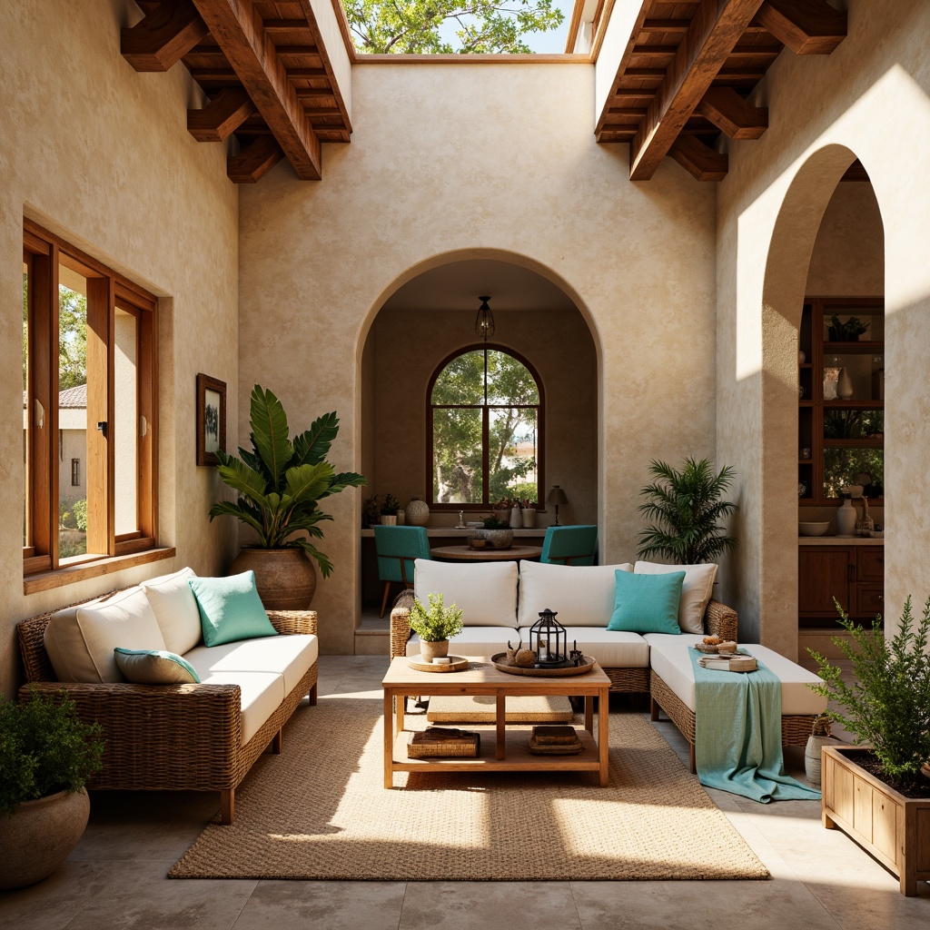 Prompt: Warm beige stucco walls, soft creamy textures, rustic stone accents, distressed wood beams, earthy terracotta tones, vibrant turquoise hues, natural linen fabrics, woven wicker furniture, plush area rugs, sunny skylights, warm golden lighting, 1/1 composition, intimate cozy atmosphere, Mediterranean-inspired patterns, ornate wooden decor, lush greenery, potted plants, rustic metal lanterns.